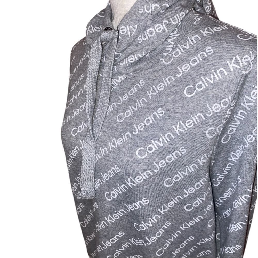 CALVIN KLEIN Allover Logo Print Hooded Mini Dress Gray and White in Size LARGE - Picture 4 of 9